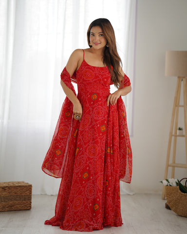 Designer Soft Chiffon Bandhej Fully Flared Gown Set