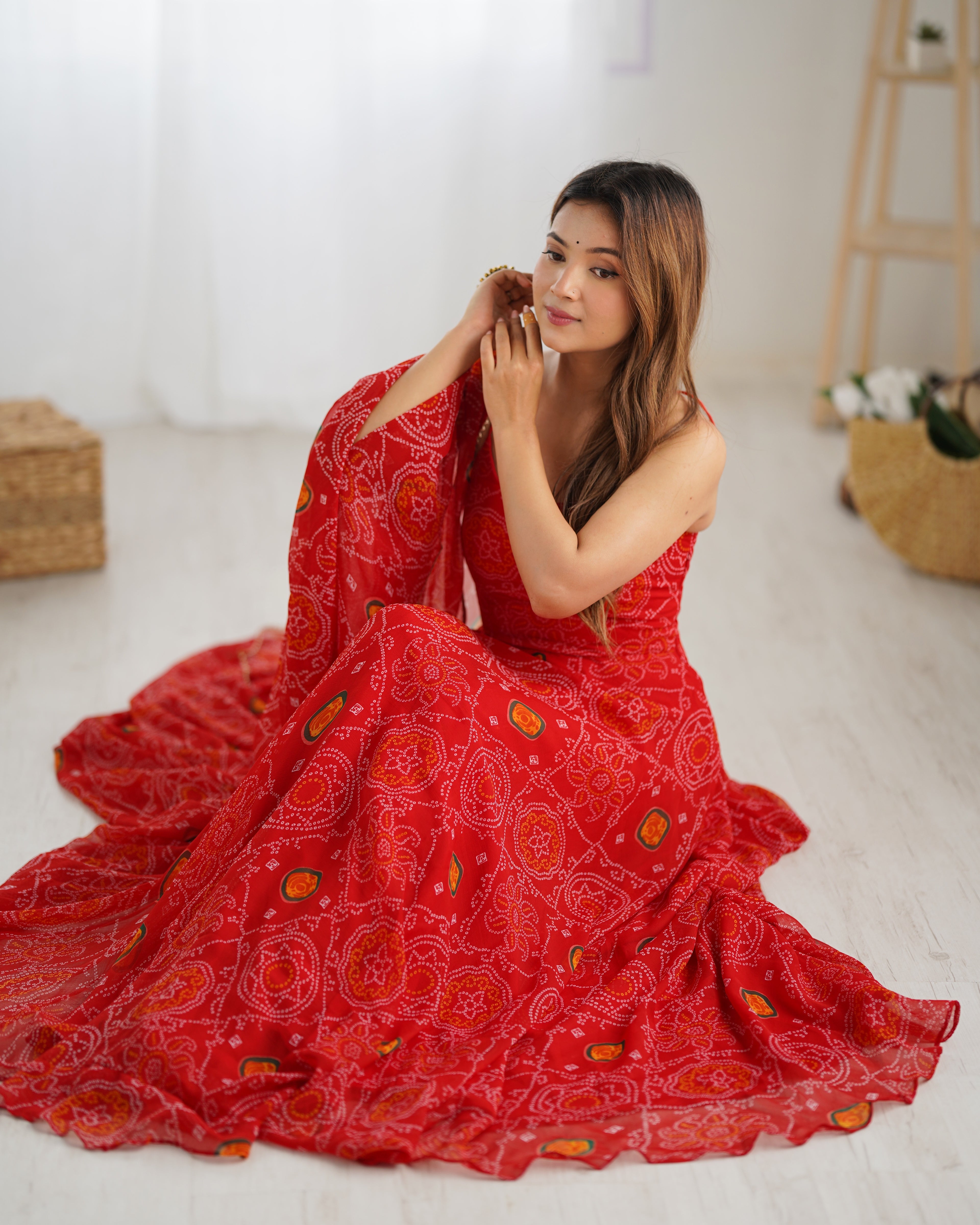 Designer Soft Chiffon Bandhej Fully Flared Gown Set