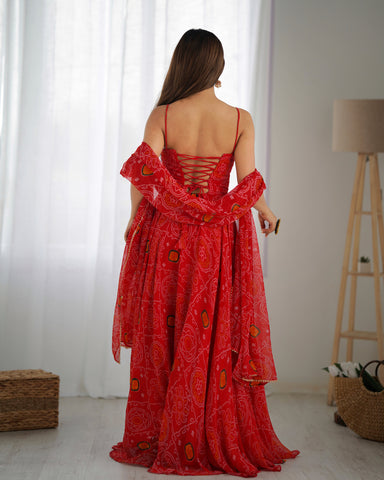 Designer Soft Chiffon Bandhej Fully Flared Gown Set
