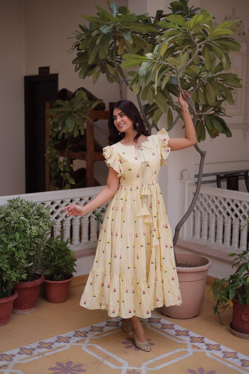 Premium Designer Cotton Embroidered Flared Kurti for Women
