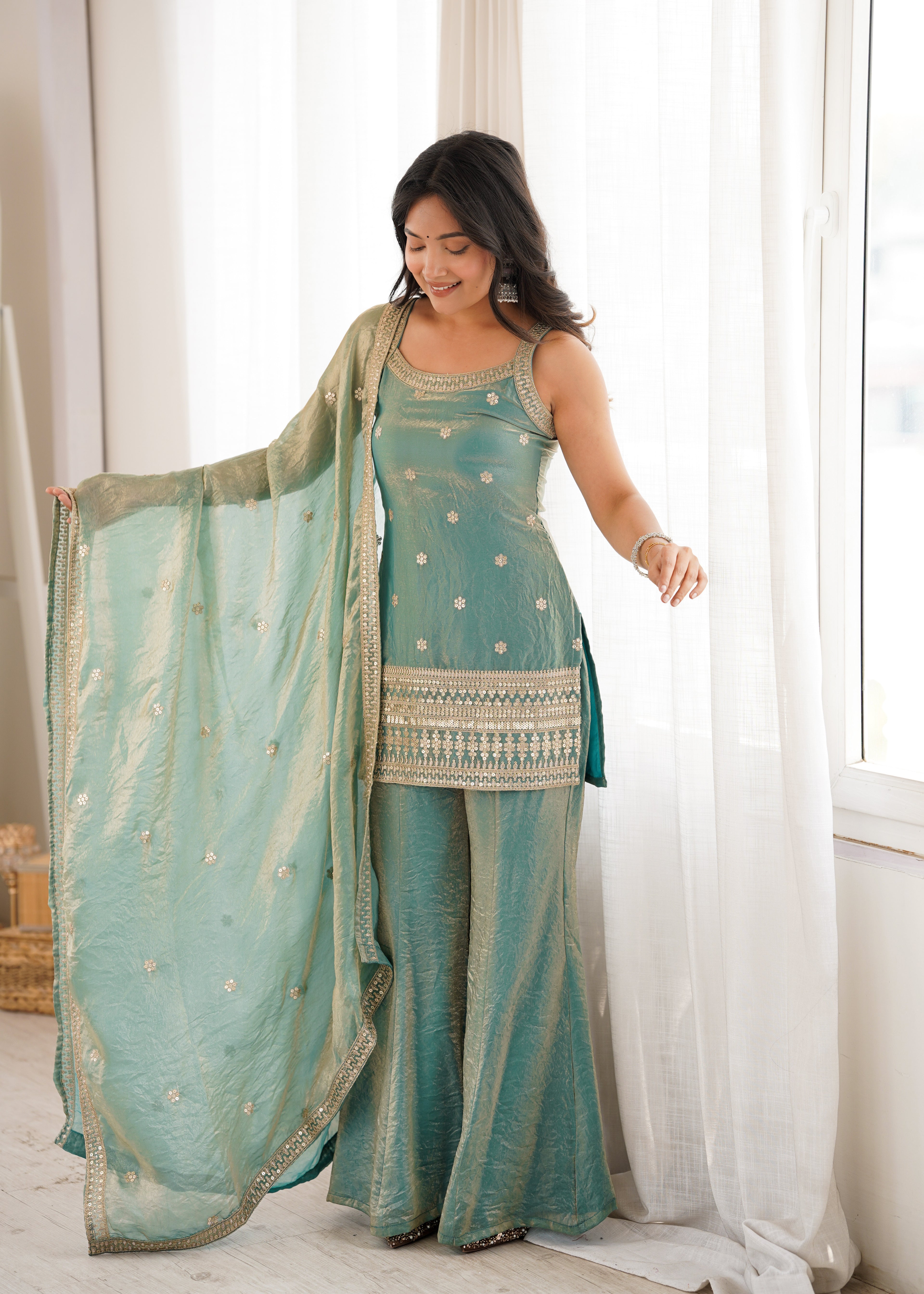 Designer Green Frendy Silk Sequence Dori Work Kurta Set with Bell Bottom Pant
