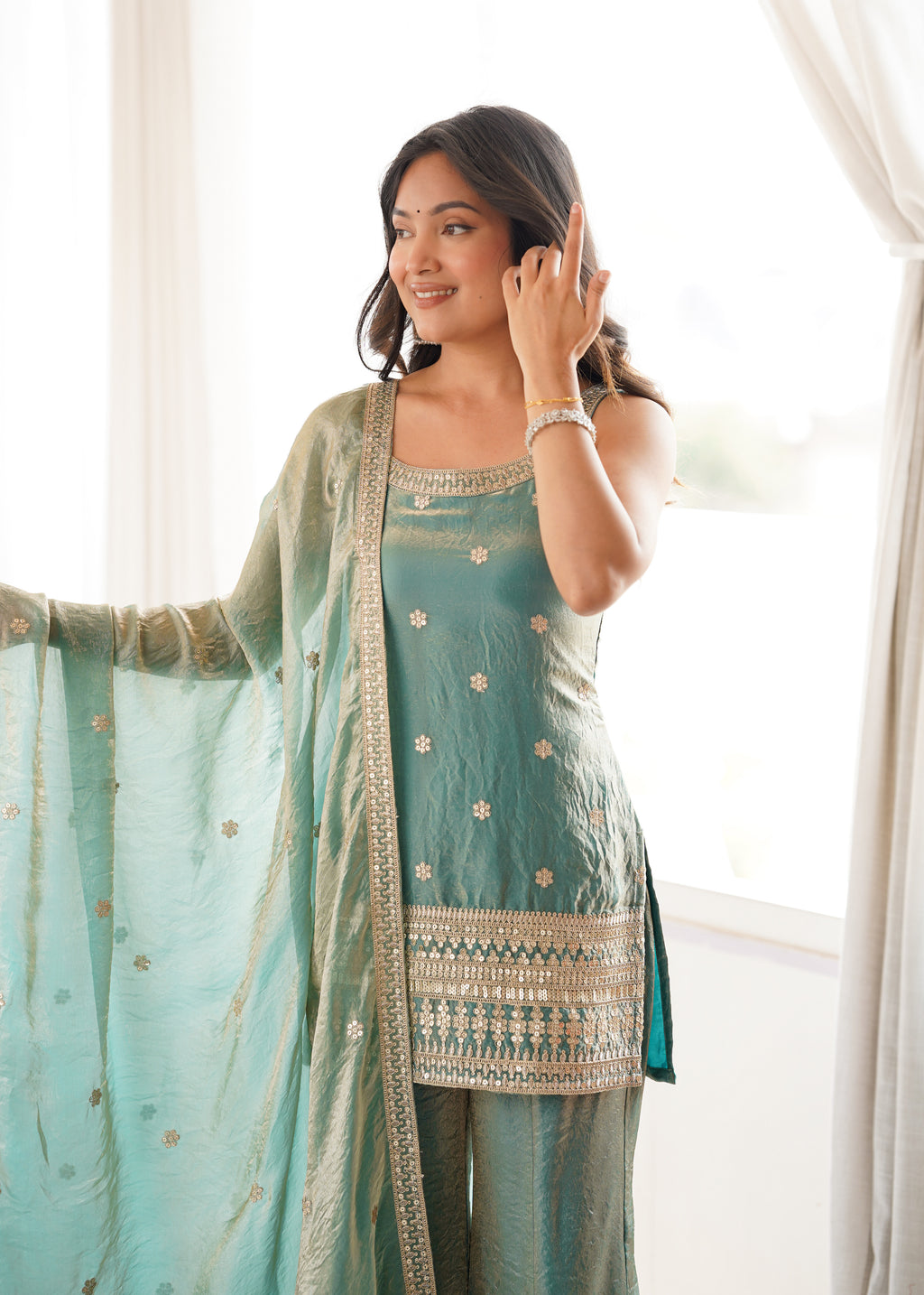 Designer Green Frendy Silk Sequence Dori Work Kurta Set with Bell Bottom Pant
