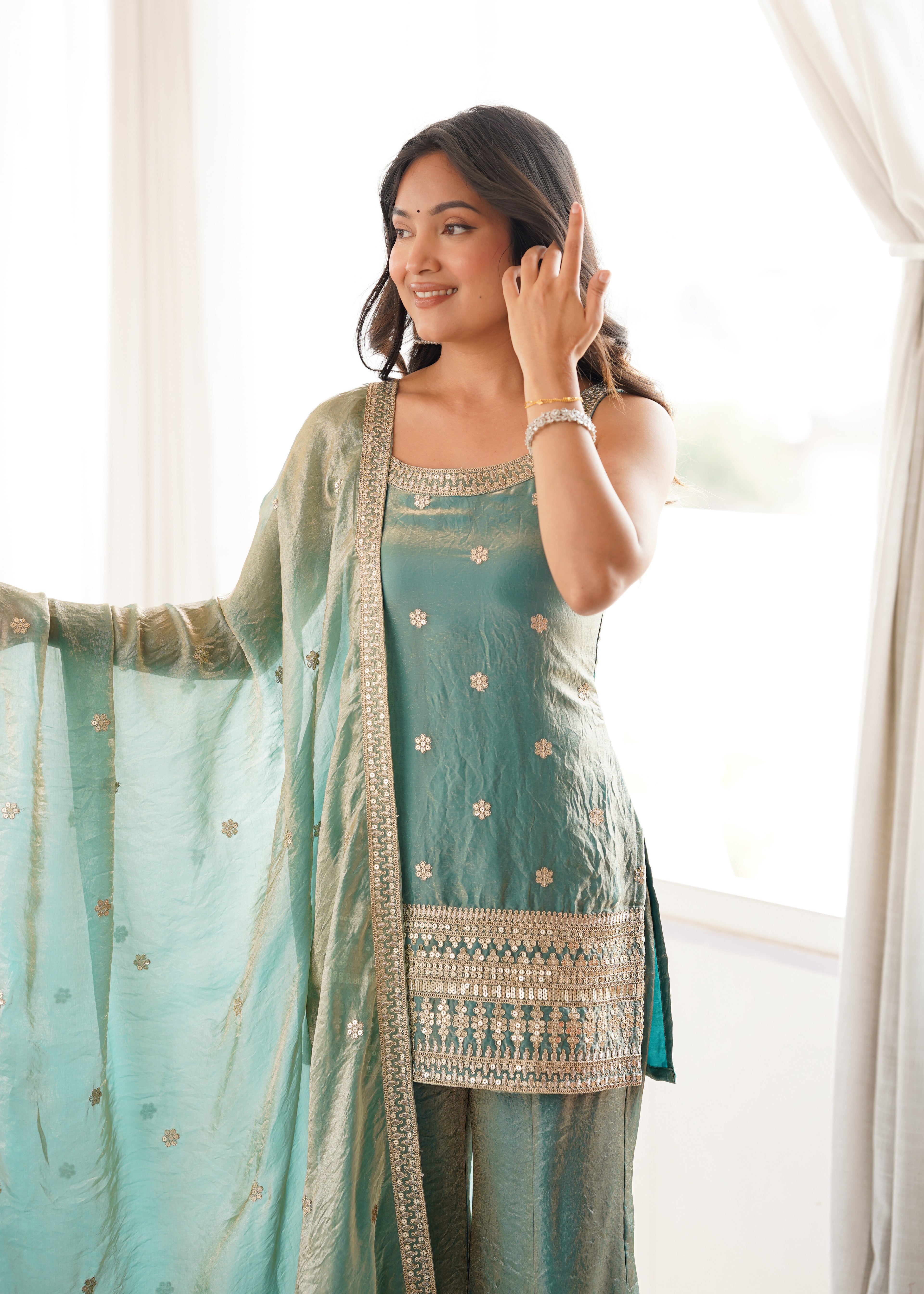 Designer Green Frendy Silk Sequence Dori Work Kurta Set with Bell Bottom Pant
