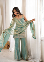 Designer Green Frendy Silk Sequence Dori Work Kurta Set with Bell Bottom Pant
