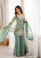 Designer Green Frendy Silk Sequence Dori Work Kurta Set with Bell Bottom Pant
