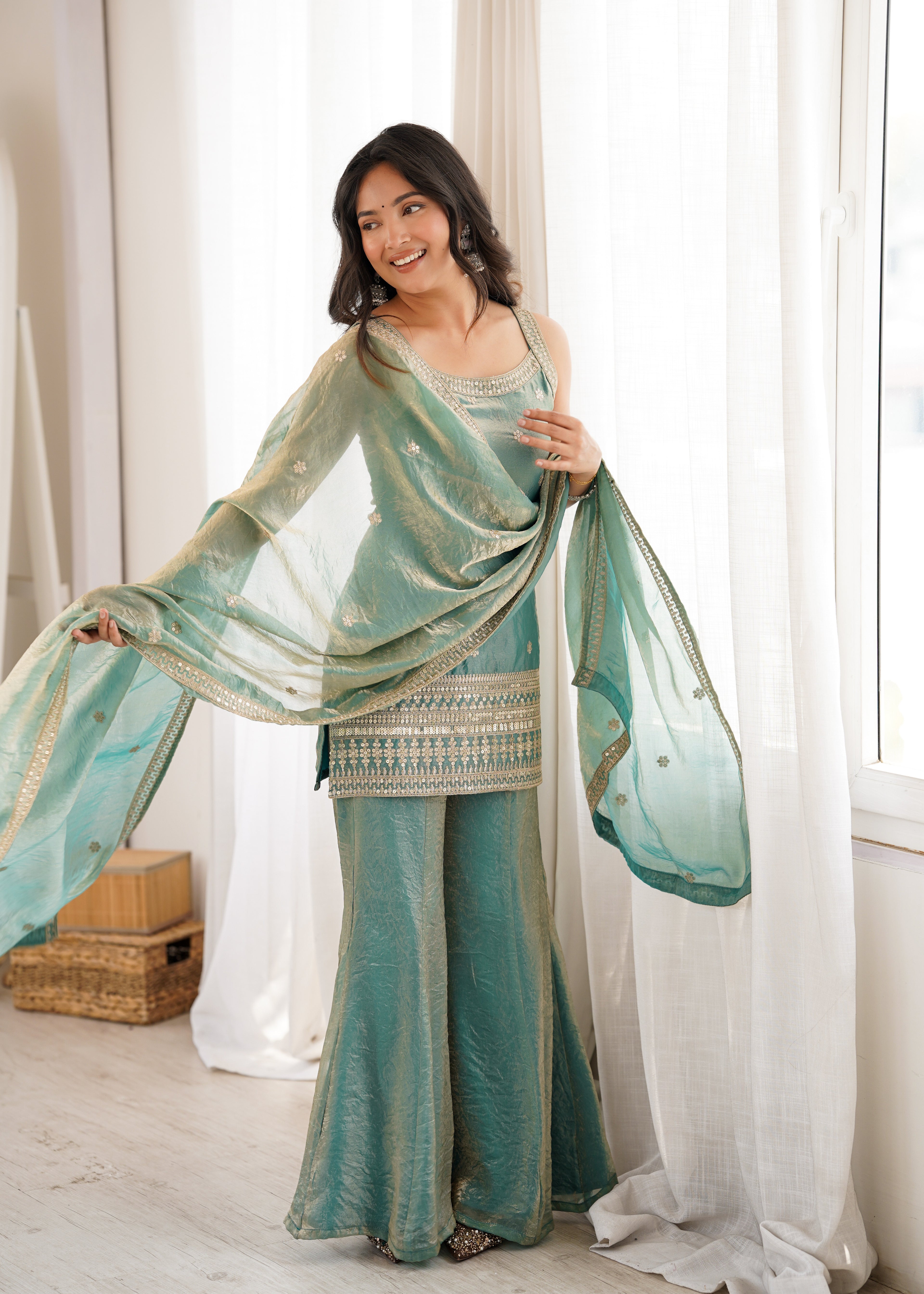 Designer Green Frendy Silk Sequence Dori Work Kurta Set with Bell Bottom Pant

