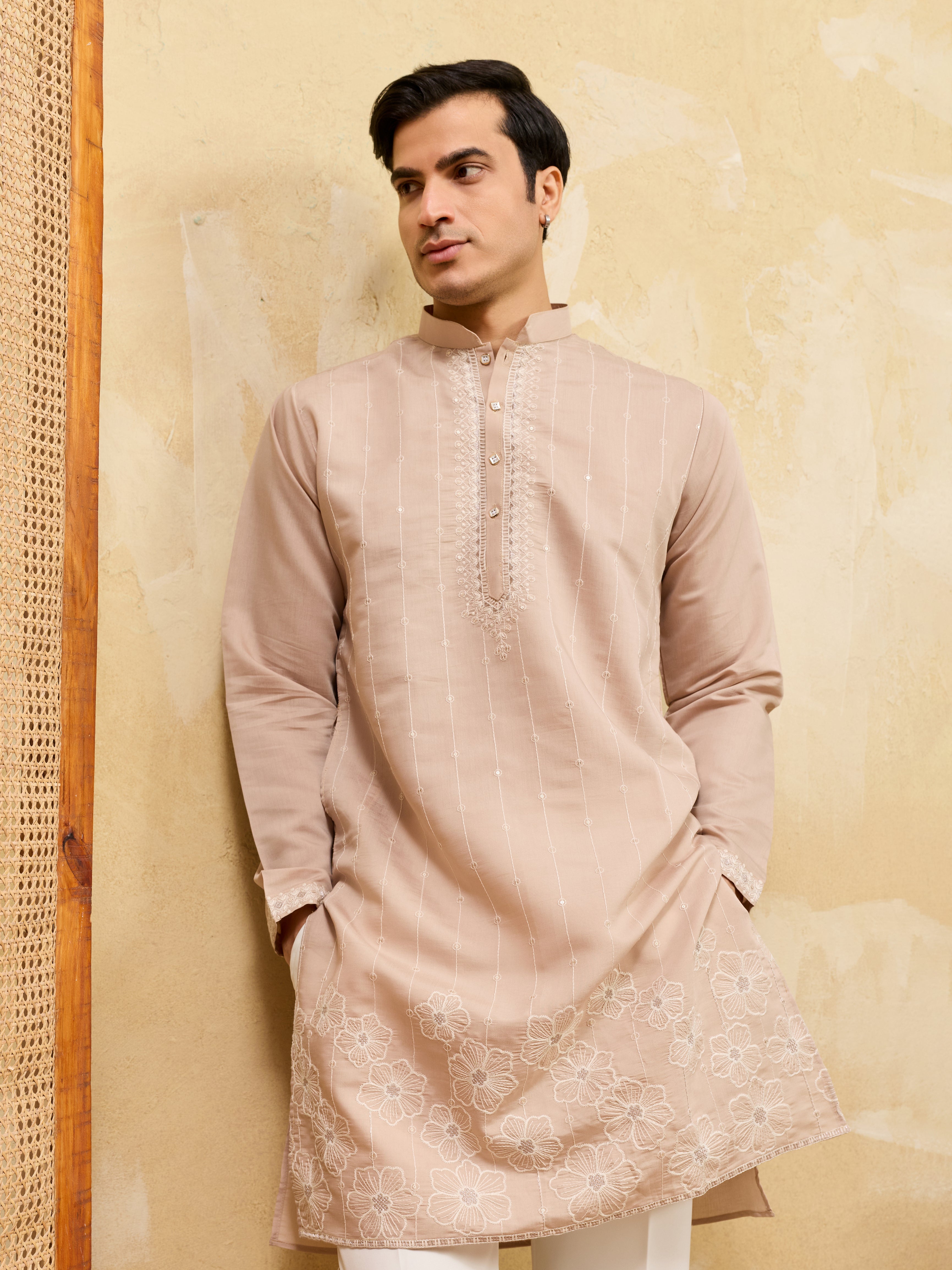 Elegant Peach Multi Thread & Sequence Embroidered Kurta

