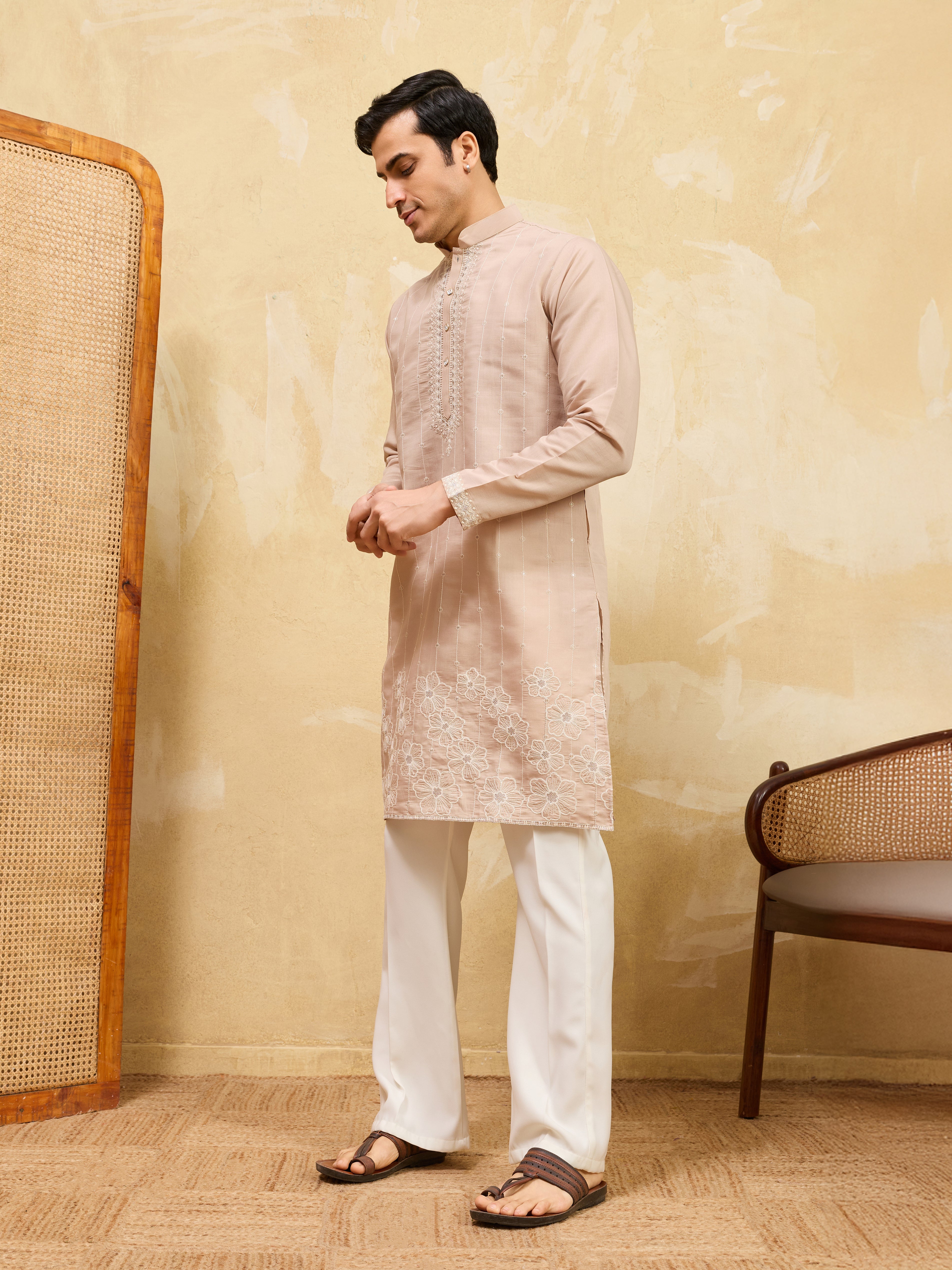 Elegant Peach Multi Thread & Sequence Embroidered Kurta
