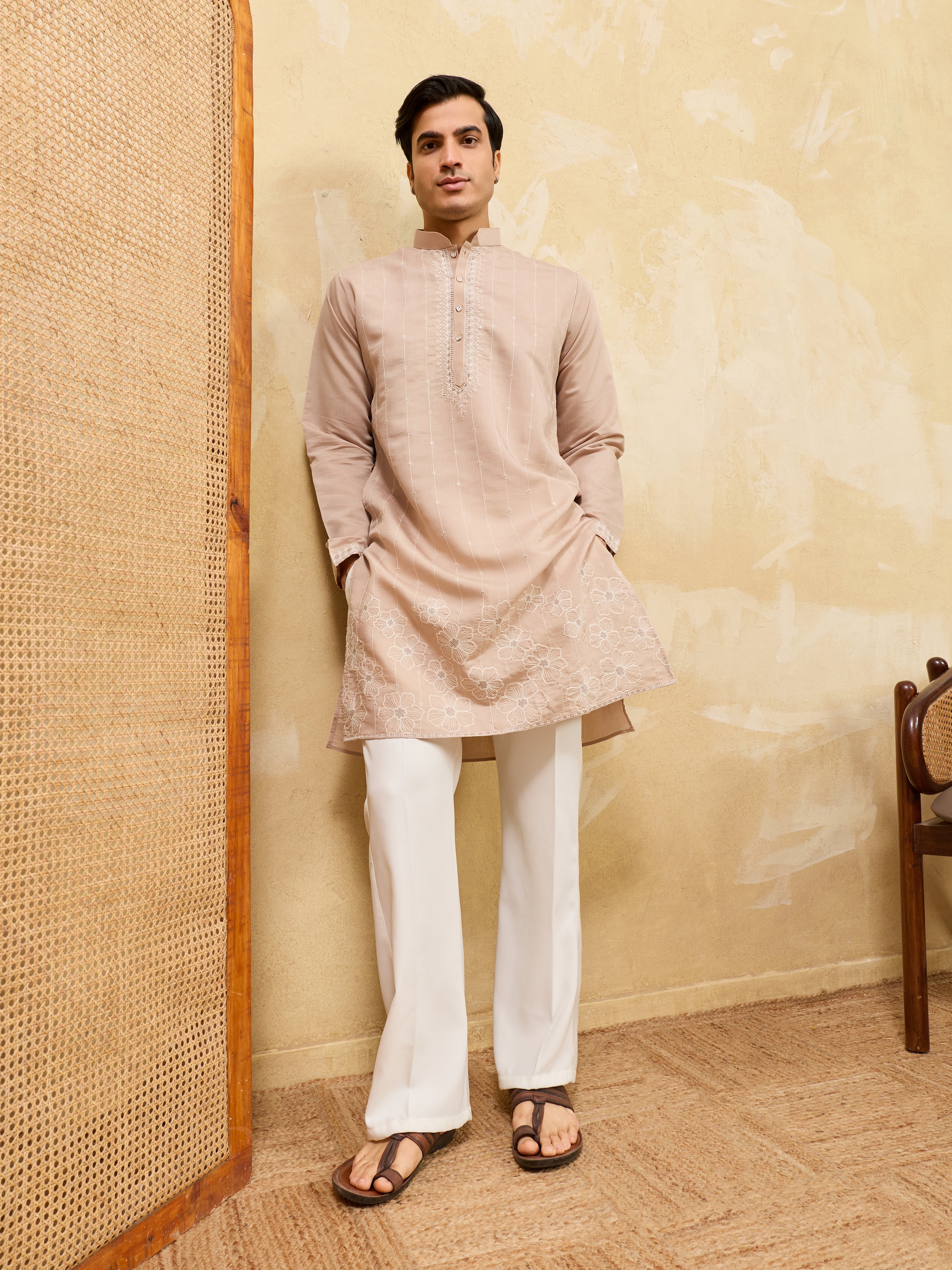 Elegant Peach Multi Thread & Sequence Embroidered Kurta
