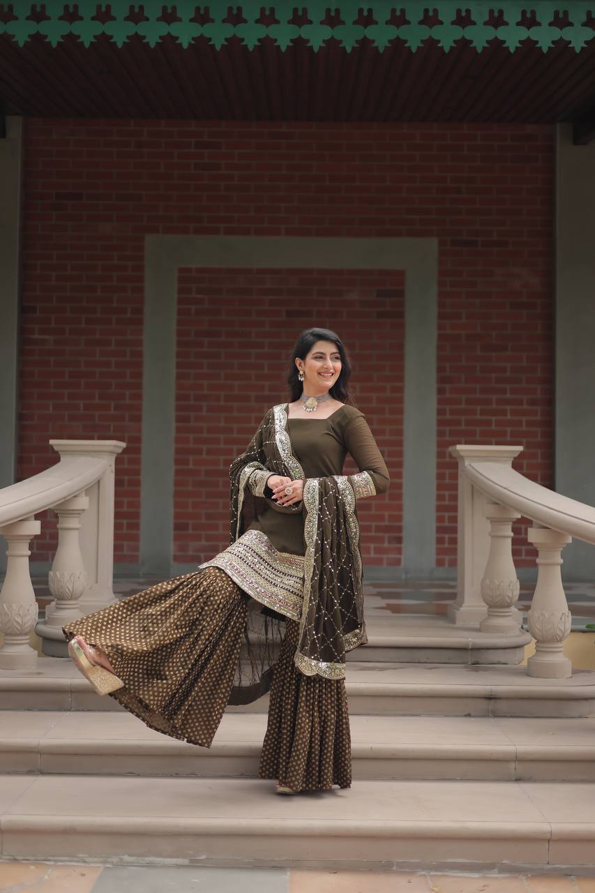 Designer Chinnon Printed With Embroidered Work Sharara Set
