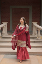 Designer Chinnon Printed With Embroidered Work Sharara Set
