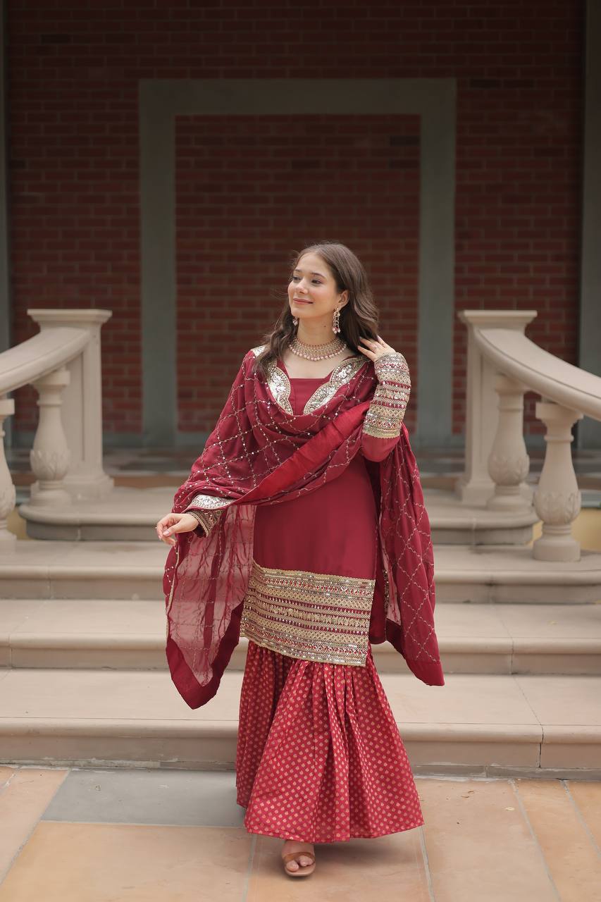 Designer Chinnon Printed With Embroidered Work Sharara Set
