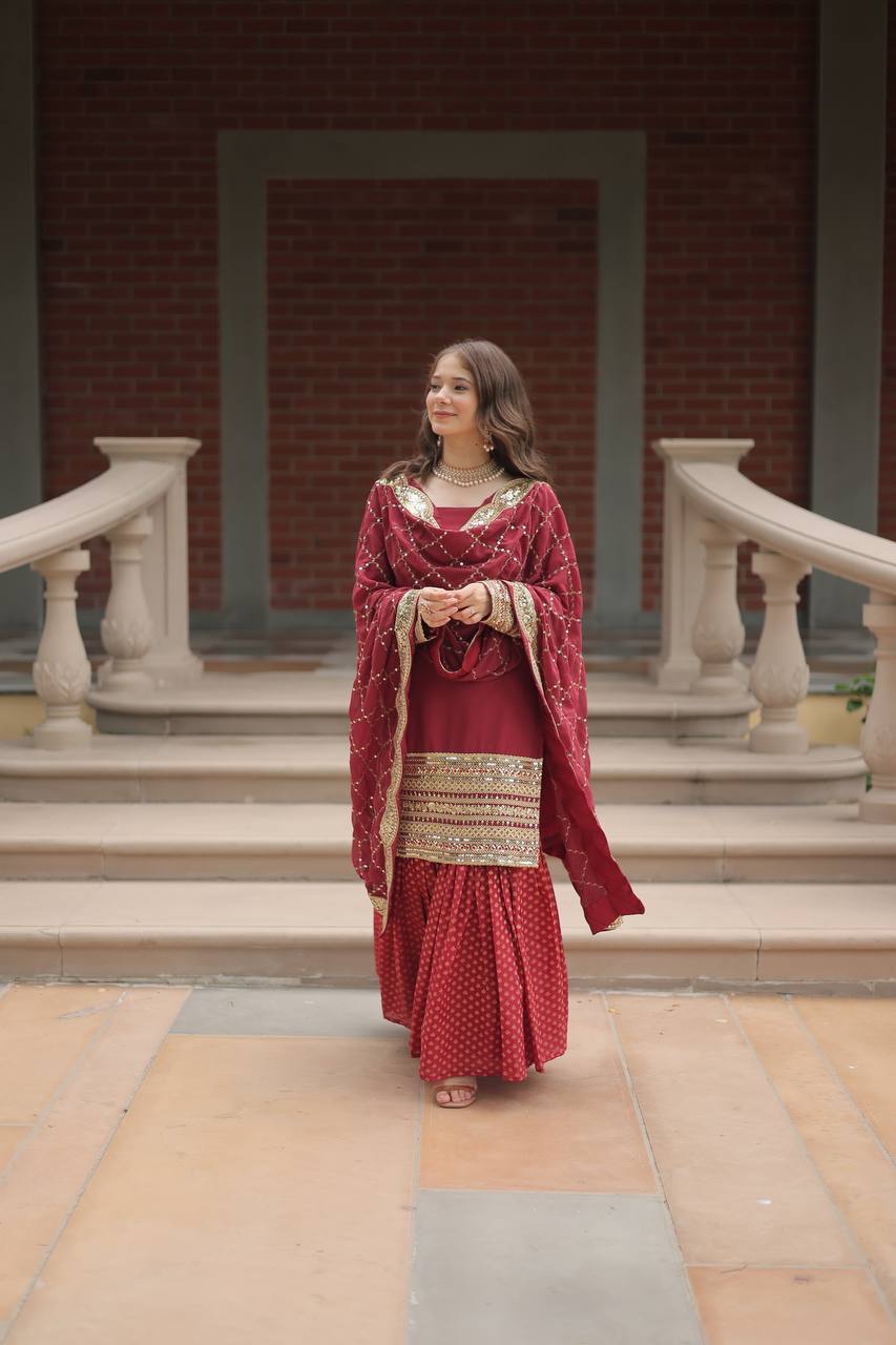 Designer Chinnon Printed With Embroidered Work Sharara Set
