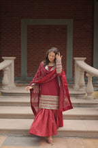 Designer Chinnon Printed With Embroidered Work Sharara Set
