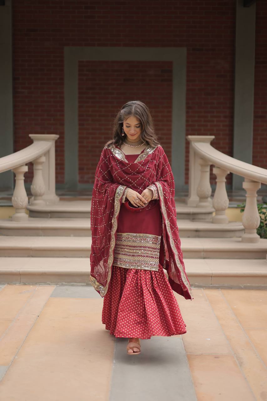 Designer Chinnon Printed With Embroidered Work Sharara Set
