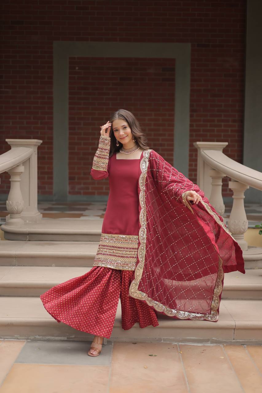 Designer Chinnon Printed With Embroidered Work Sharara Set
