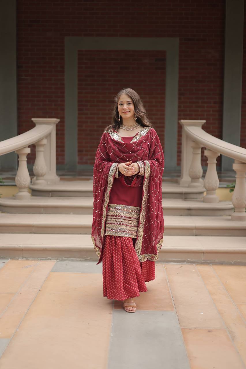 Designer Chinnon Printed With Embroidered Work Sharara Set
