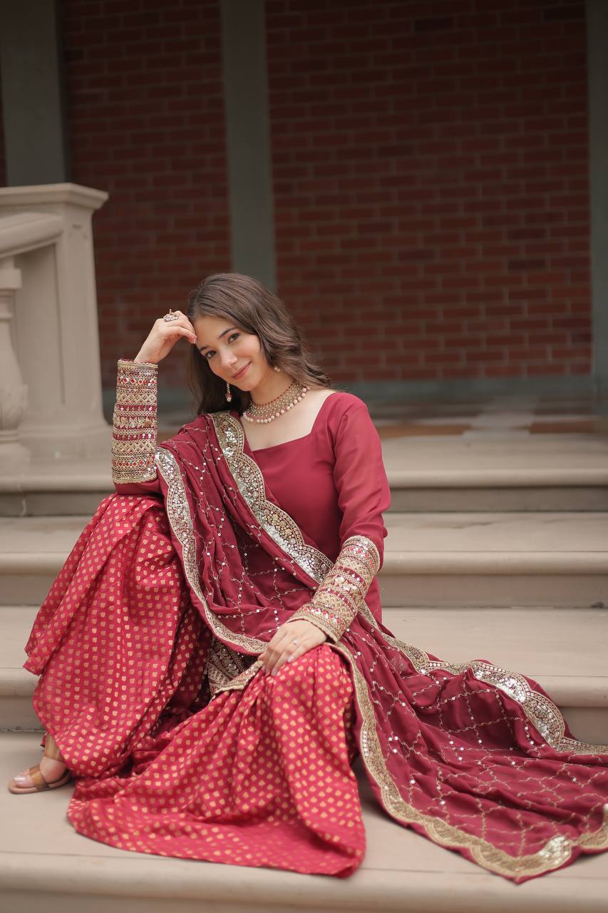 Designer Chinnon Printed With Embroidered Work Sharara Set
