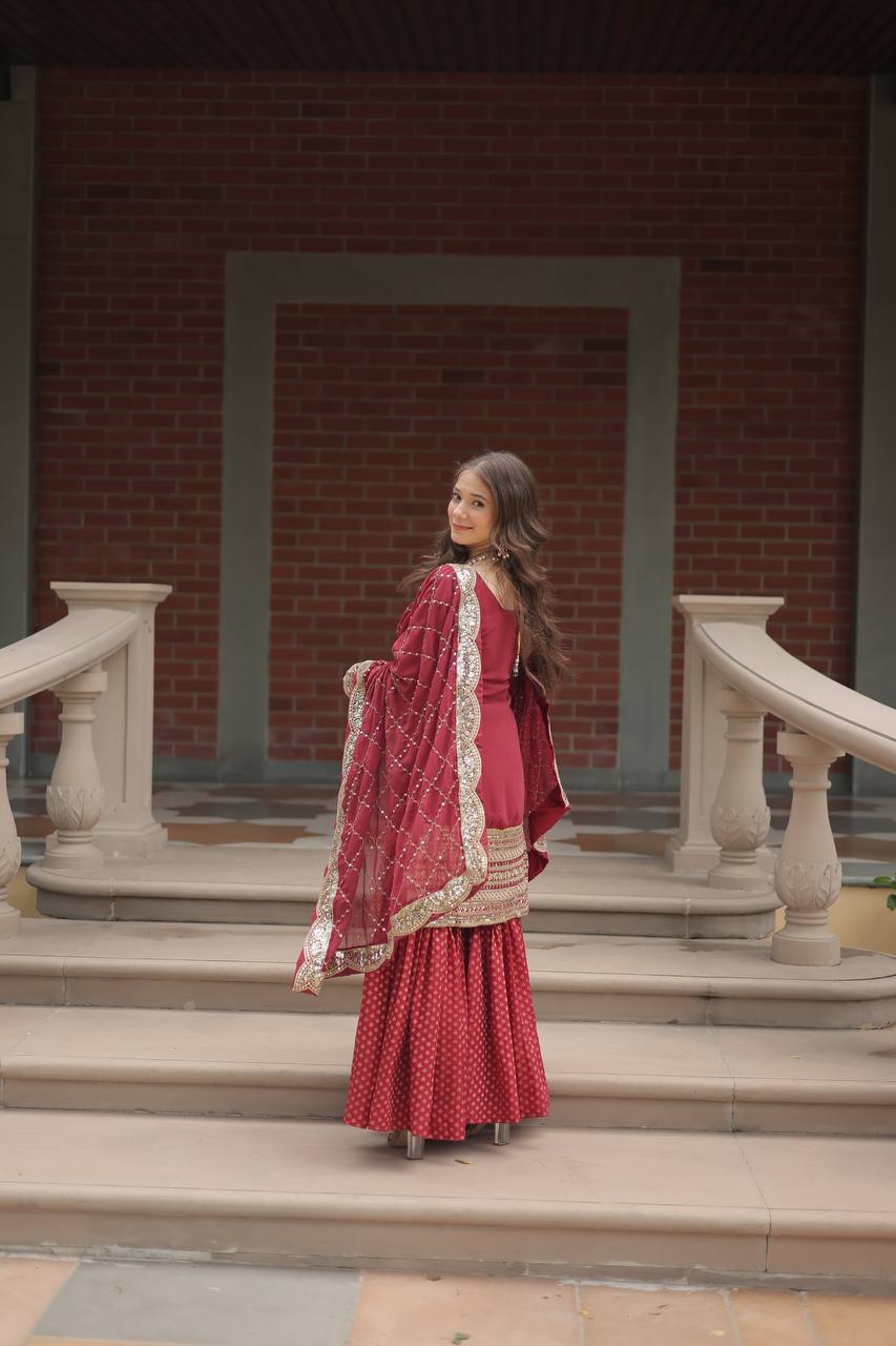 Designer Chinnon Printed With Embroidered Work Sharara Set
