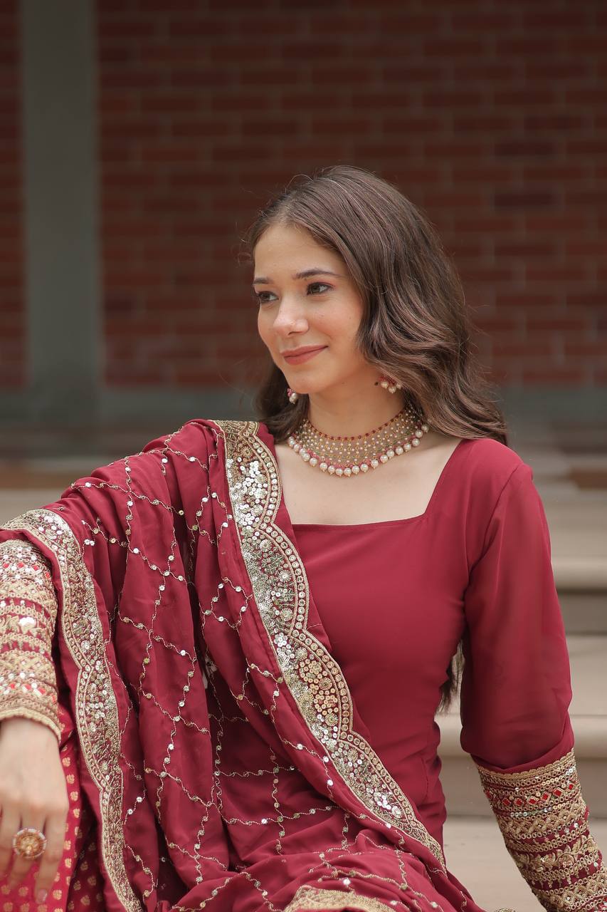 Designer Chinnon Printed With Embroidered Work Sharara Set
