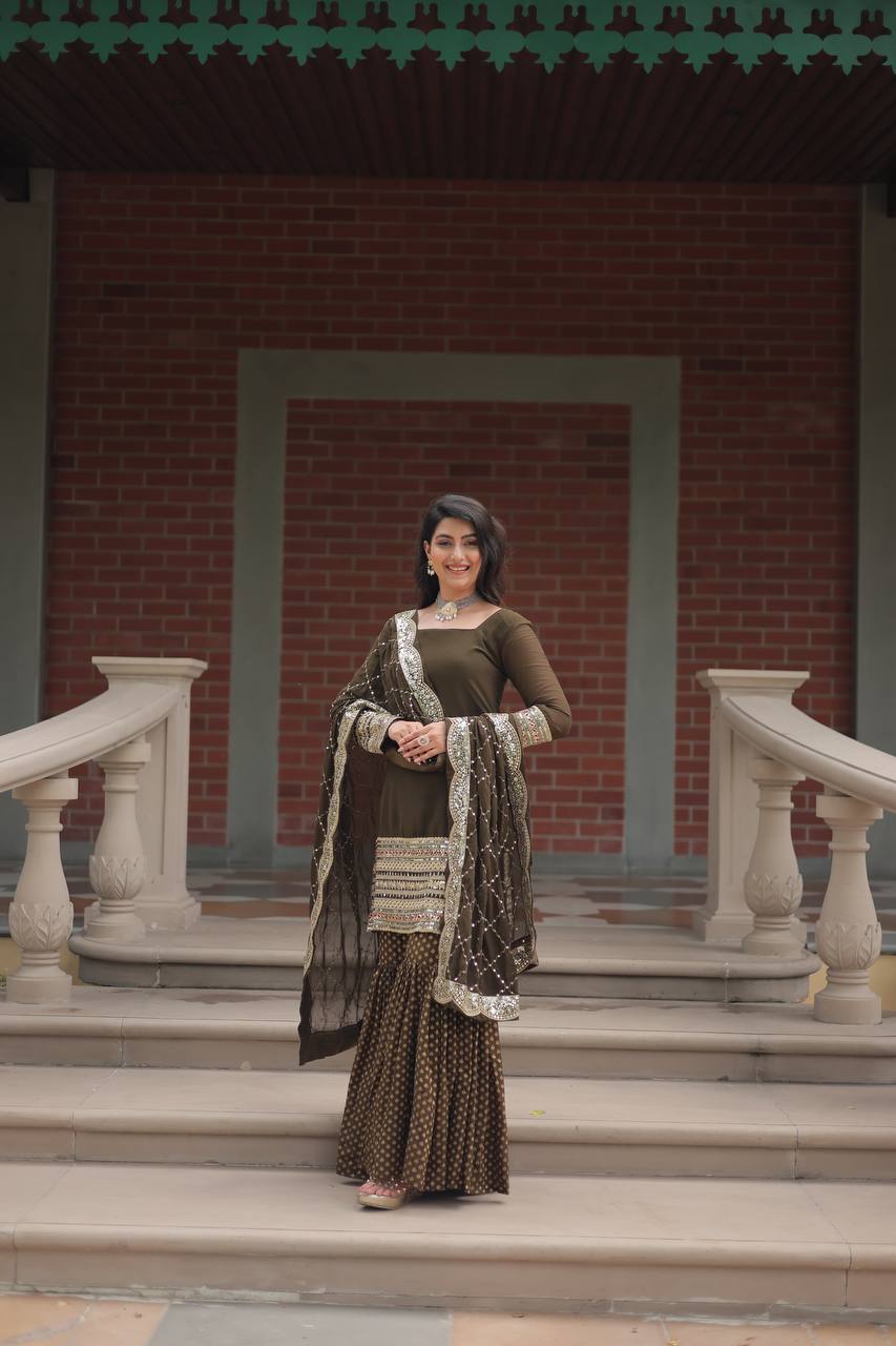 Designer Chinnon Printed With Embroidered Work Sharara Set
