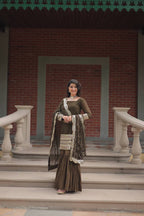 Designer Chinnon Printed With Embroidered Work Sharara Set
