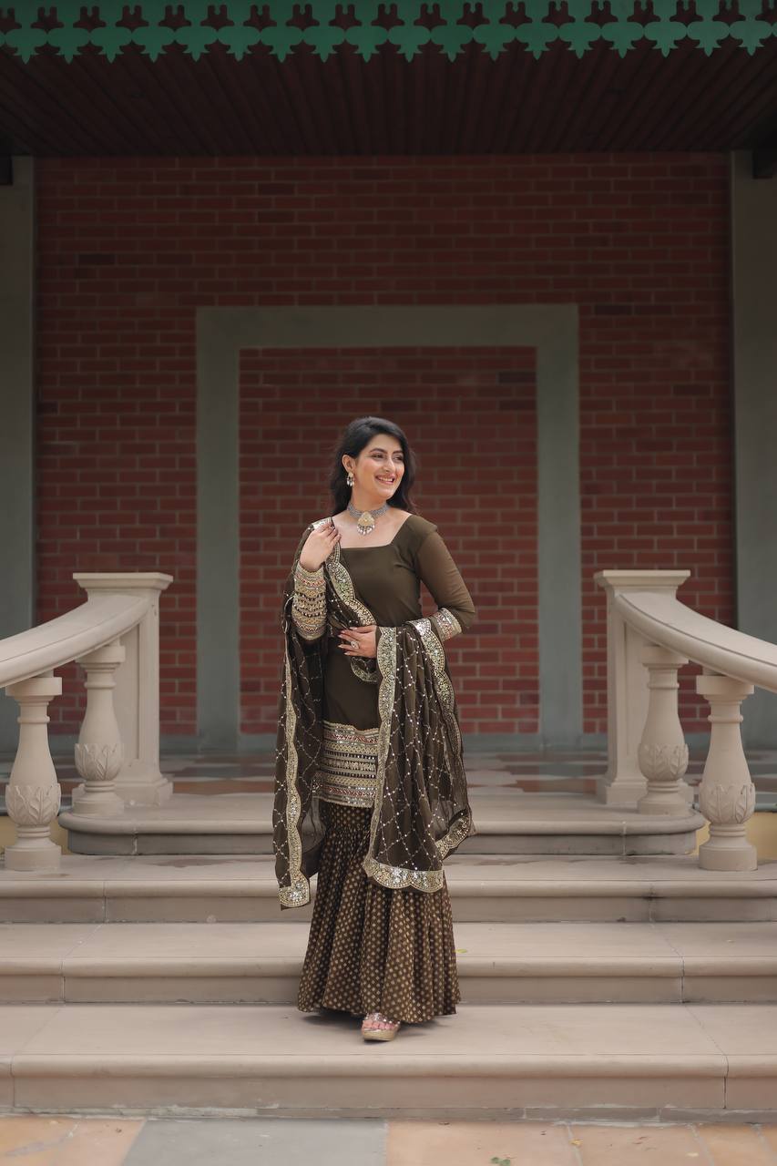 Designer Chinnon Printed With Embroidered Work Sharara Set
