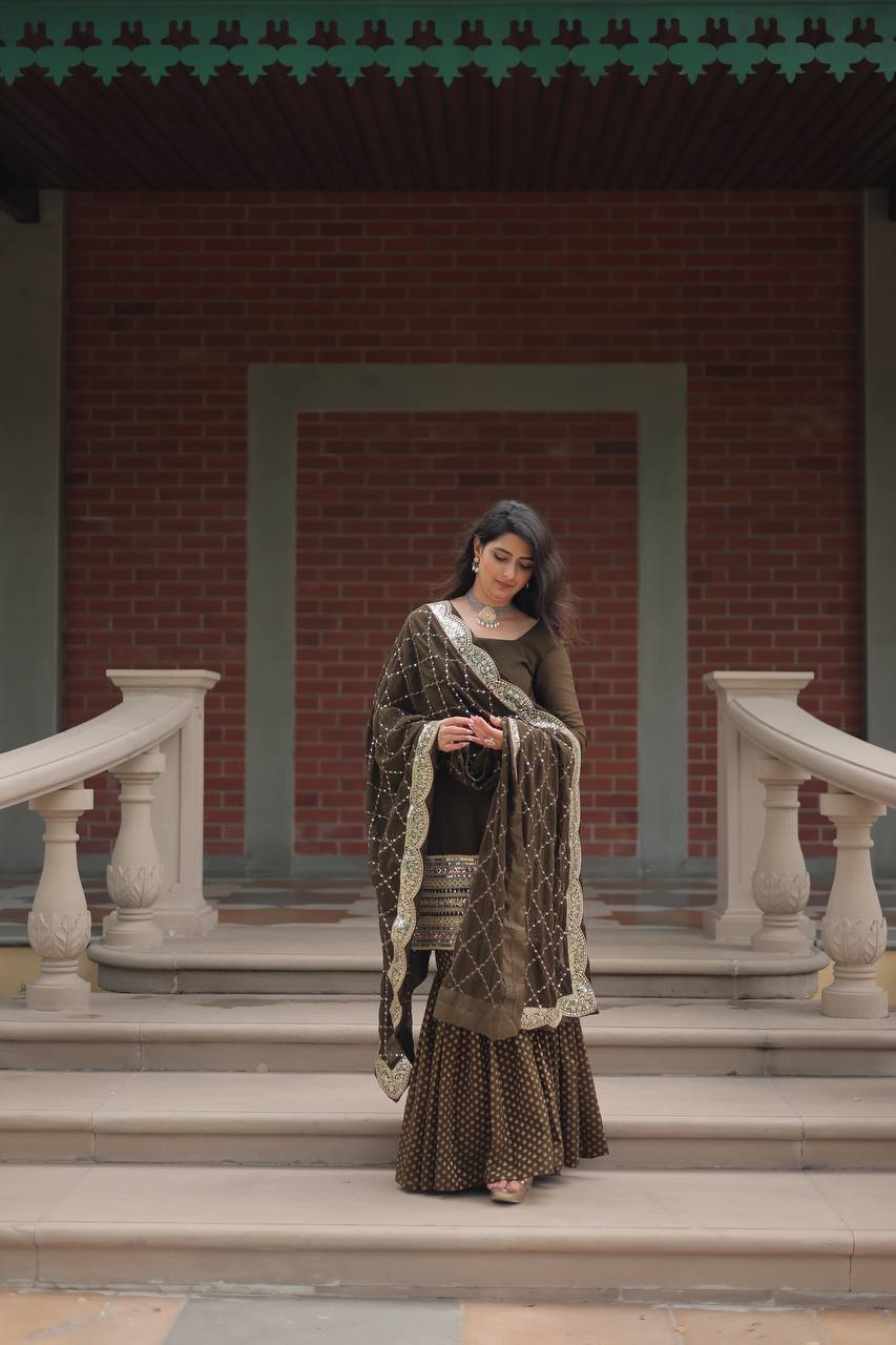 Designer Chinnon Printed With Embroidered Work Sharara Set
