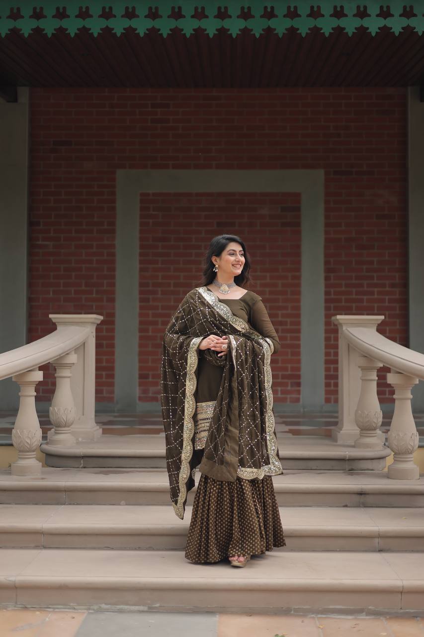 Designer Chinnon Printed With Embroidered Work Sharara Set

