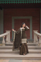 Designer Chinnon Printed With Embroidered Work Sharara Set
