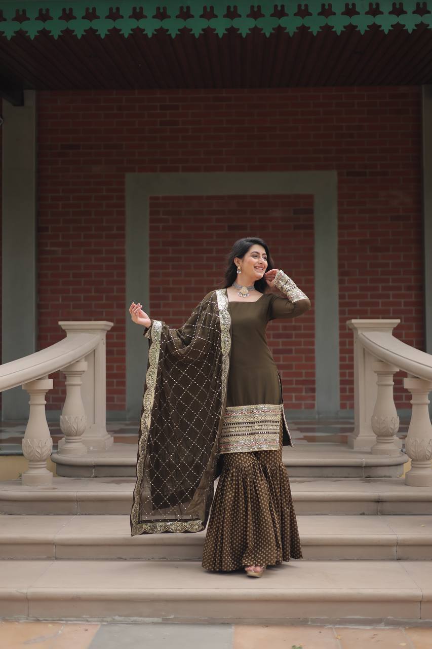 Designer Chinnon Printed With Embroidered Work Sharara Set
