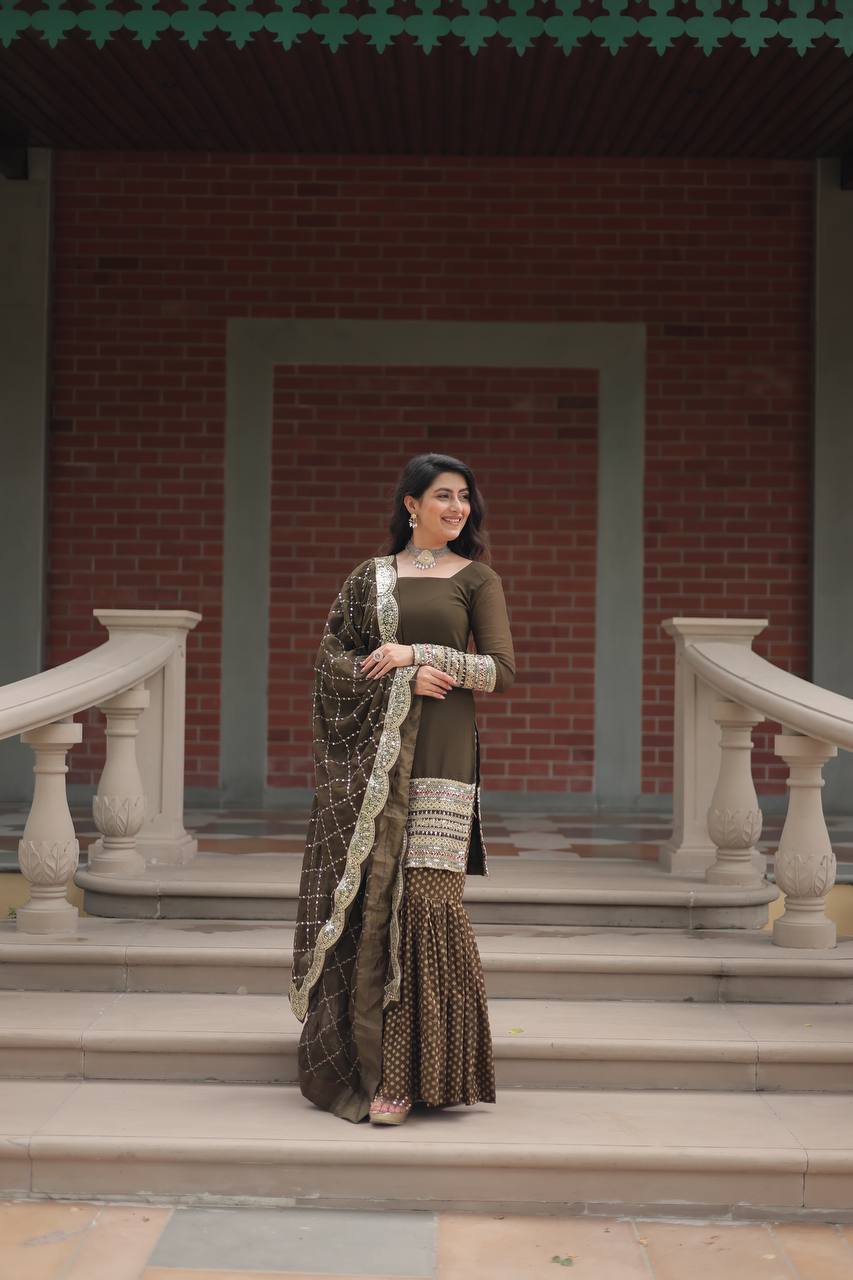 Designer Chinnon Printed With Embroidered Work Sharara Set
