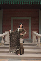 Designer Chinnon Printed With Embroidered Work Sharara Set
