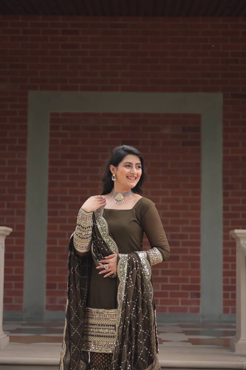 Designer Chinnon Printed With Embroidered Work Sharara Set
