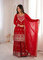 Designer Red Fox Georgette Embroidery Zari Work Sharara Suit Set
