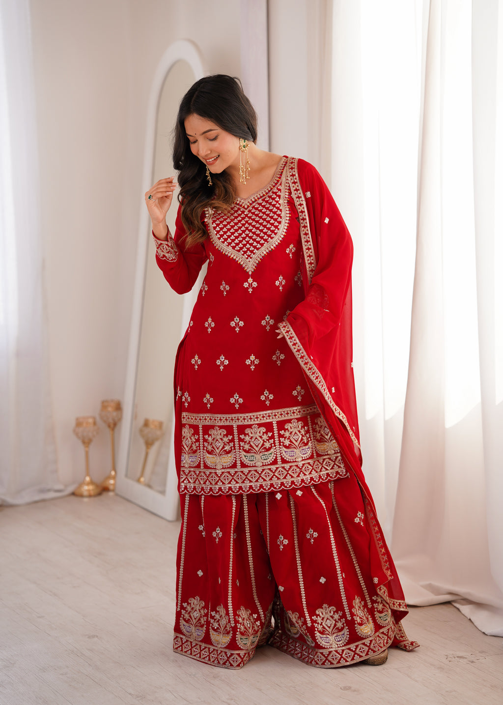 Designer Red Fox Georgette Embroidery Zari Work Sharara Suit Set