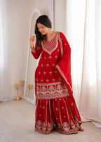 Designer Red Fox Georgette Embroidery Zari Work Sharara Suit Set