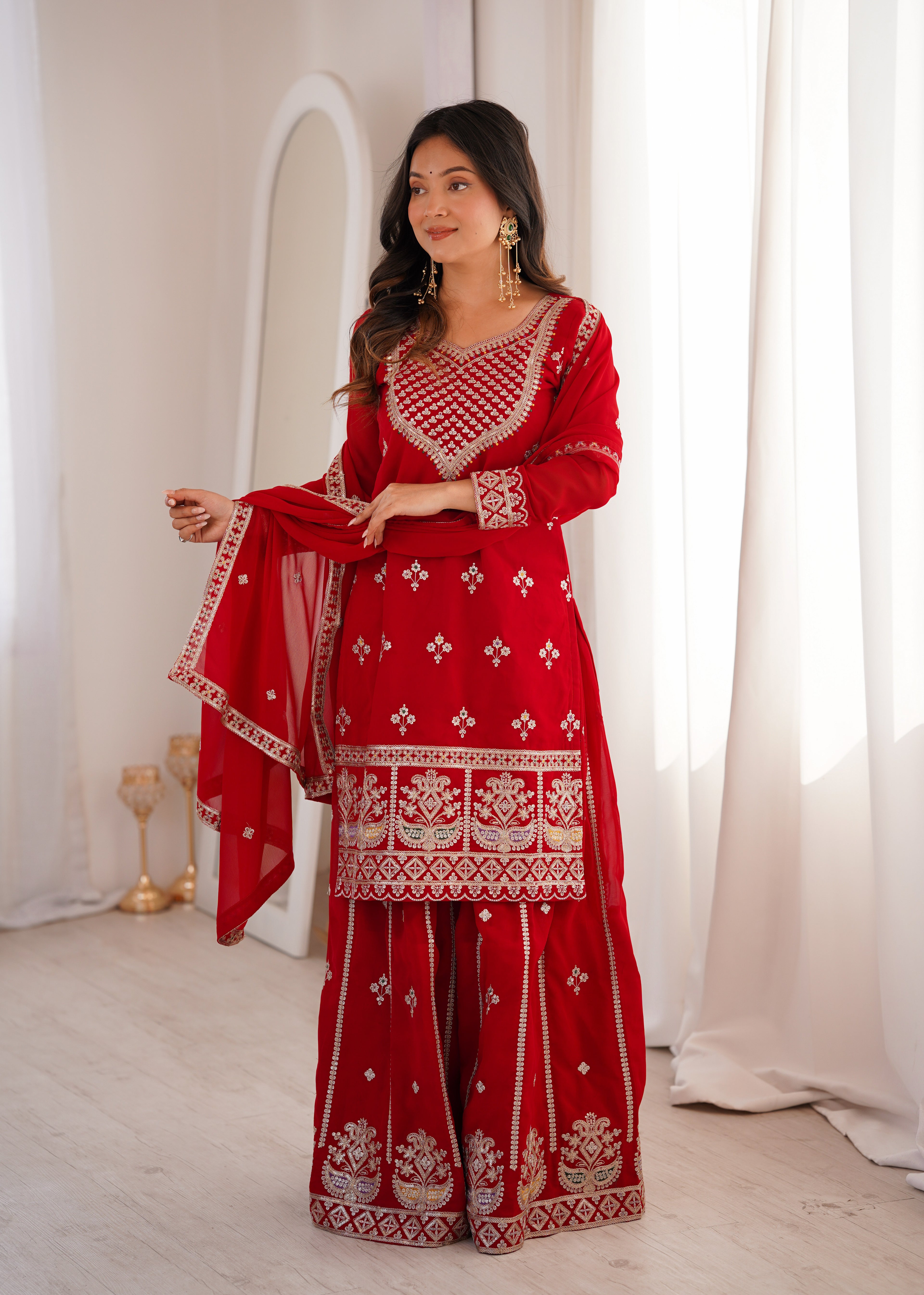 Designer Red Fox Georgette Embroidery Zari Work Sharara Suit Set