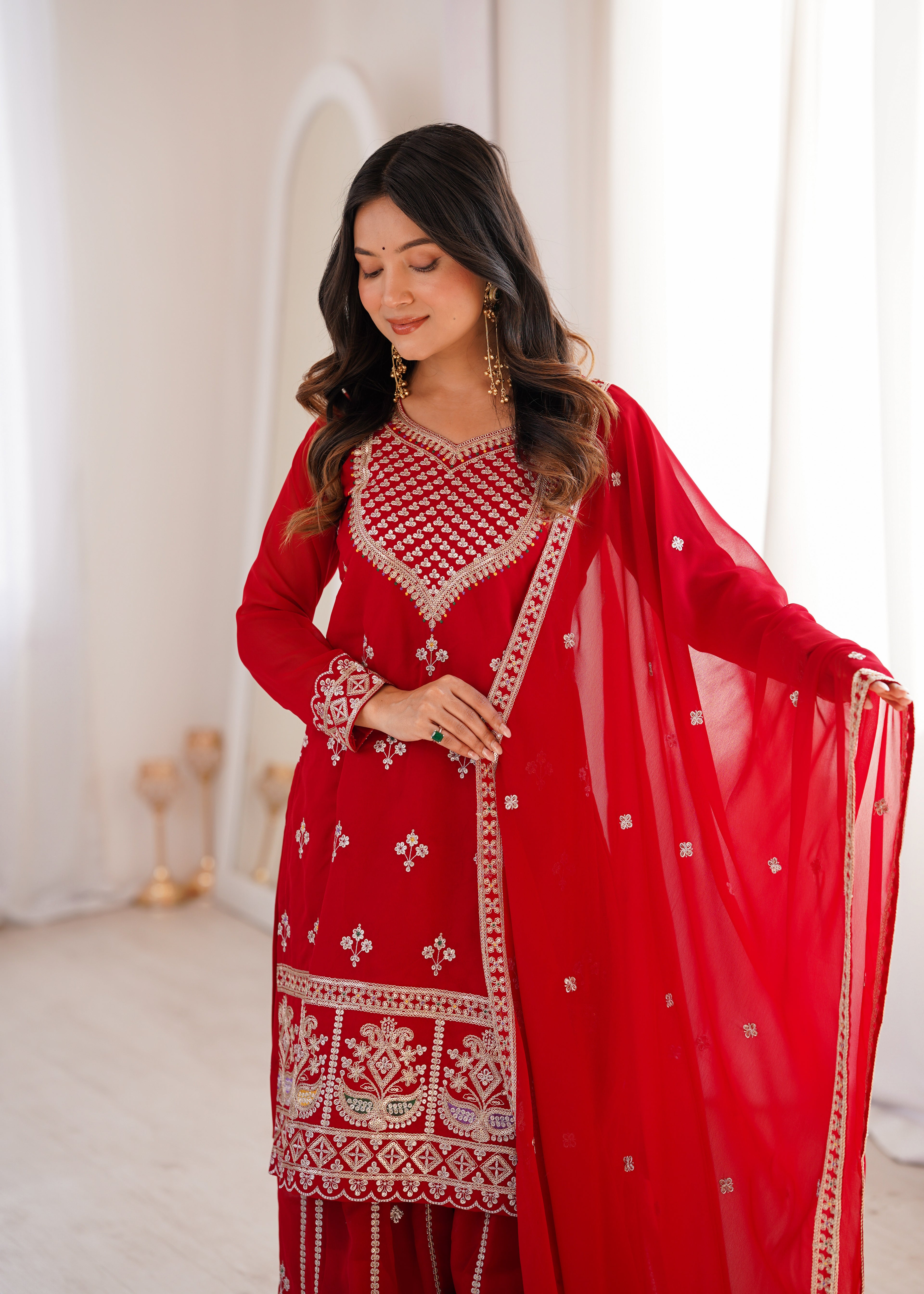 Designer Red Fox Georgette Embroidery Zari Work Sharara Suit Set
