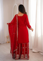 Designer Red Fox Georgette Embroidery Zari Work Sharara Suit Set
