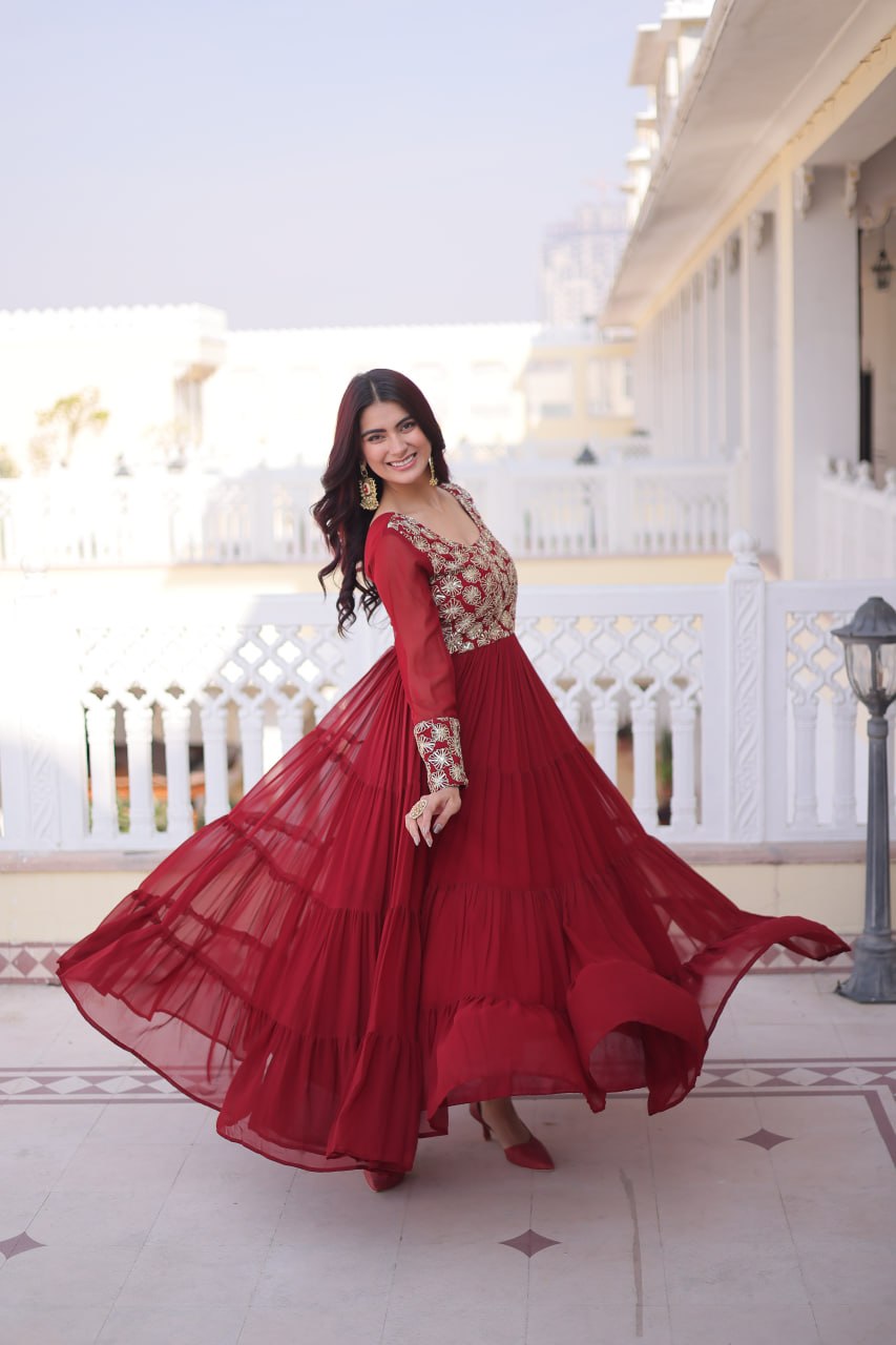 Designer Georgette Sequins Zari Work Flared Gown for Women
