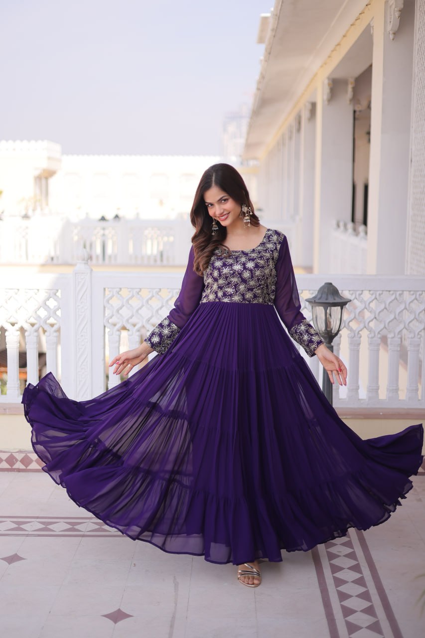 Designer Georgette Sequins Zari Work Flared Gown for Women
