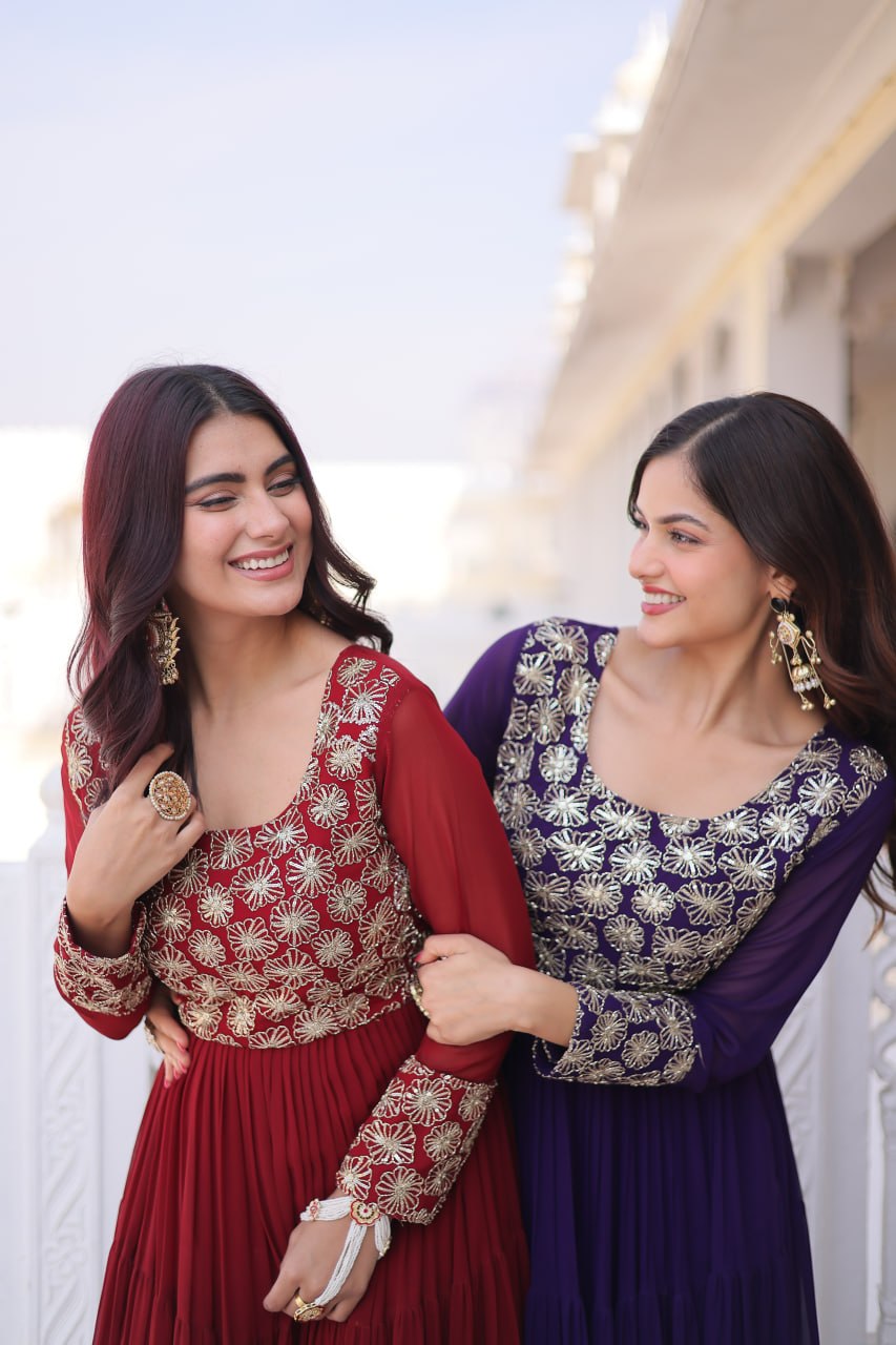 Designer Georgette Sequins Zari Work Flared Gown for Women
