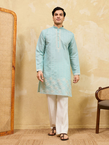 Modern Sky Blue Viscose Silk Fancy Embroidered Men’s Kurta