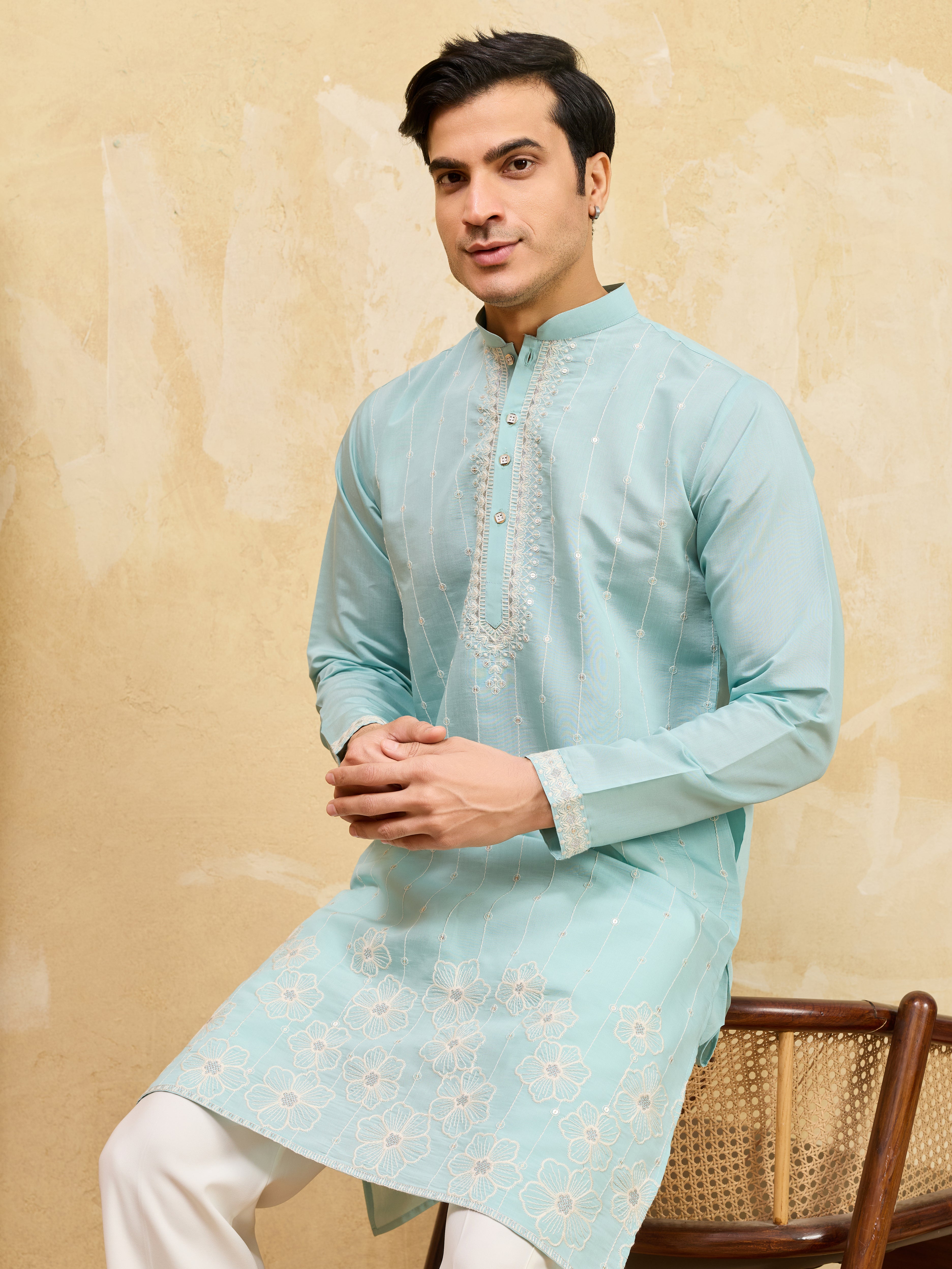 Modern Sky Blue Viscose Silk Fancy Embroidered Men’s Kurta
