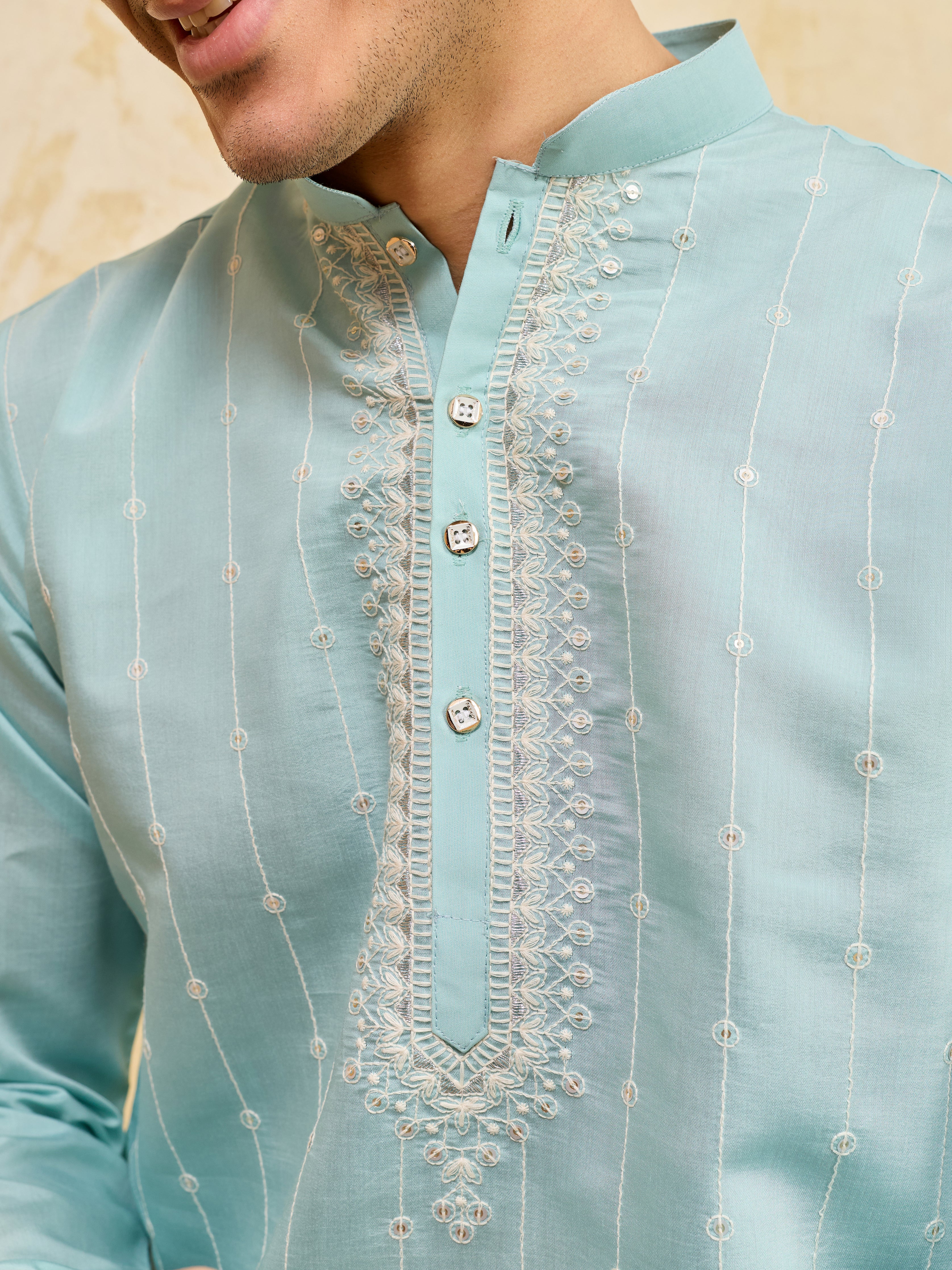 Modern Sky Blue Viscose Silk Fancy Embroidered Men’s Kurta
