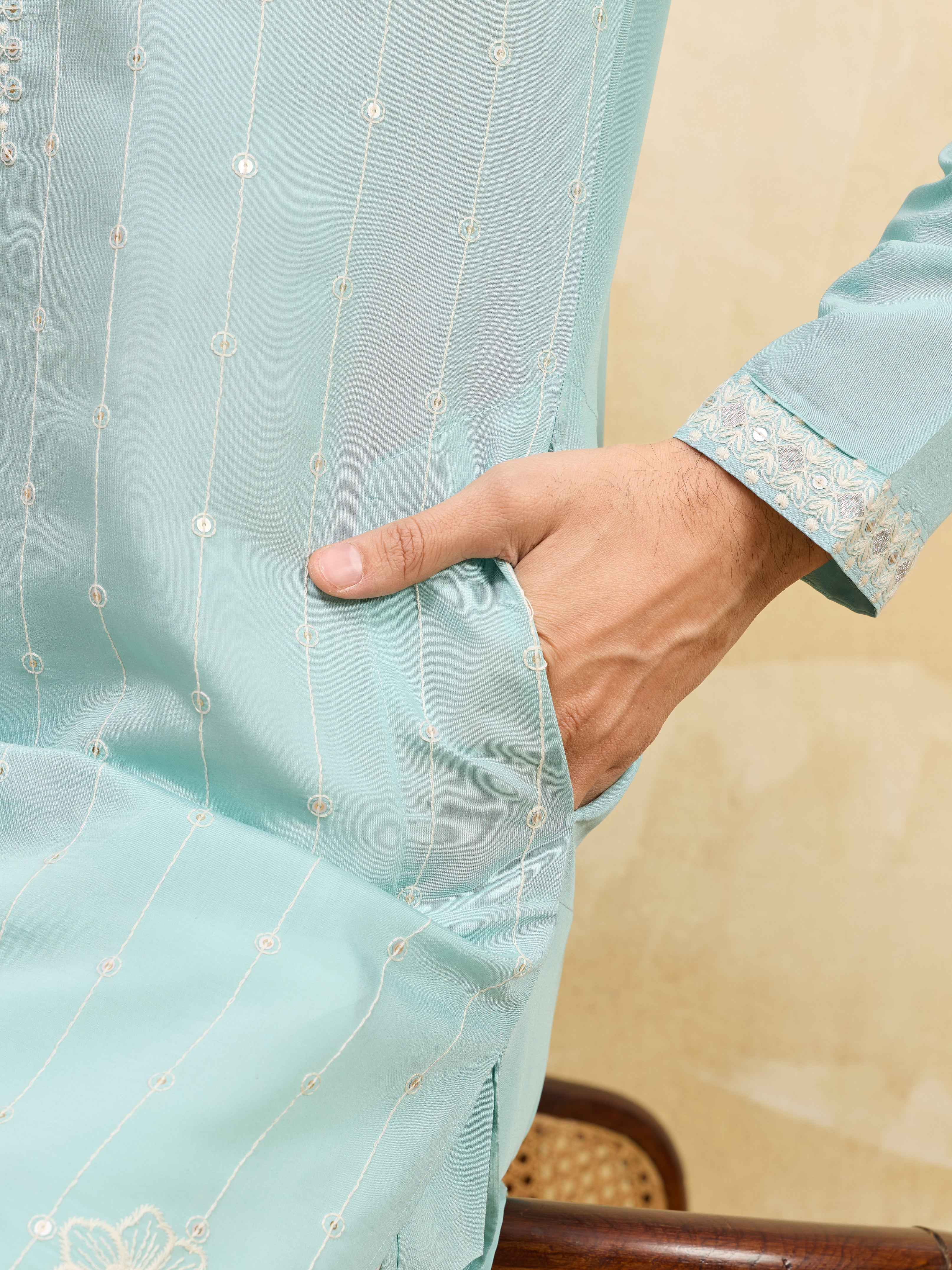Modern Sky Blue Viscose Silk Fancy Embroidered Men’s Kurta
