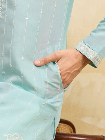 Modern Sky Blue Viscose Silk Fancy Embroidered Men’s Kurta
