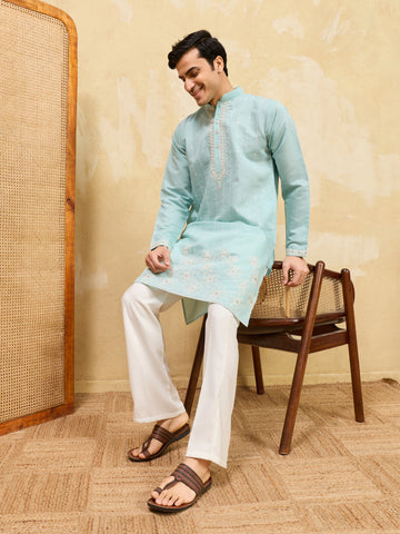 Modern Sky Blue Viscose Silk Fancy Embroidered Men’s Kurta

