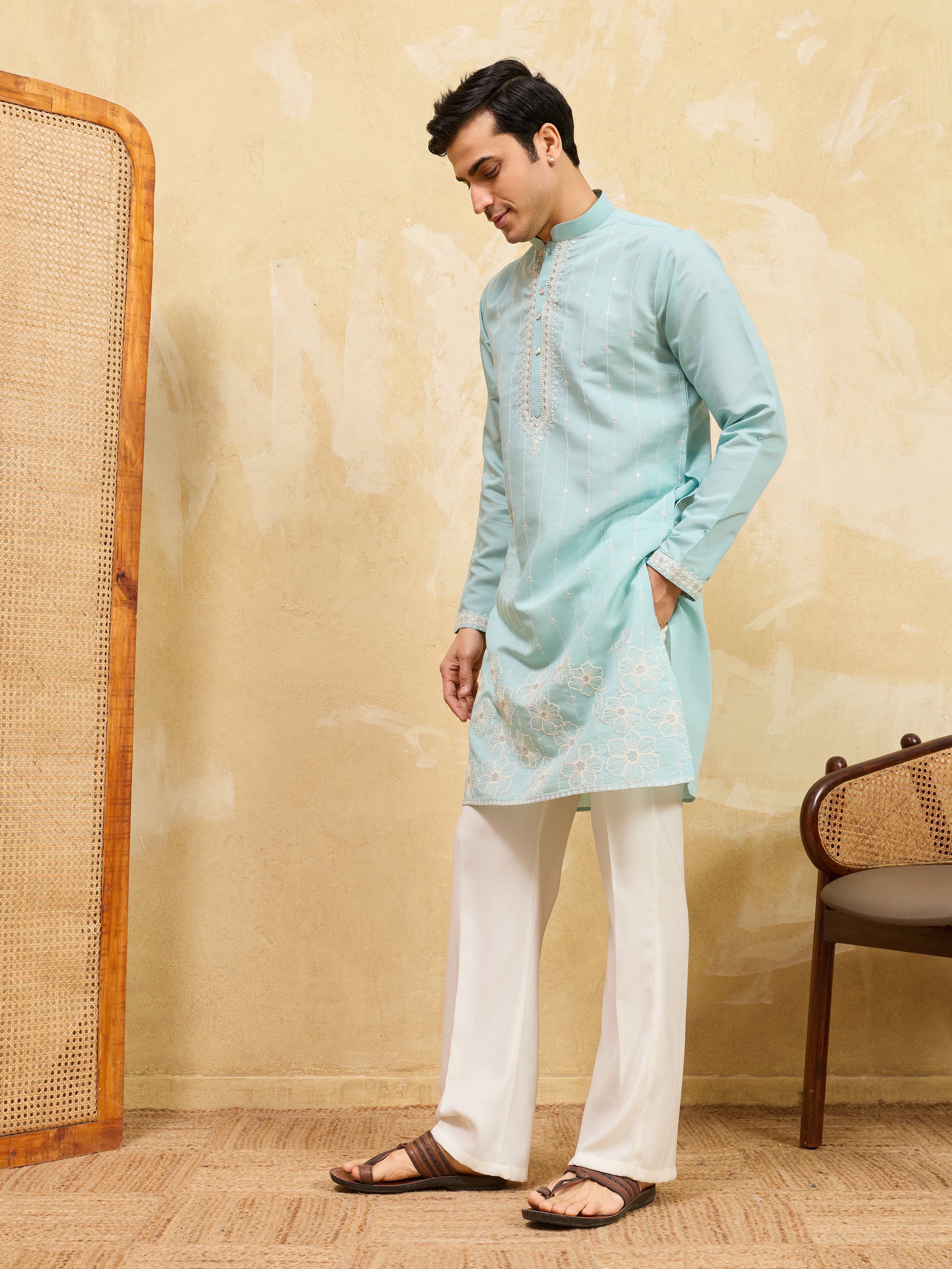 Modern Sky Blue Viscose Silk Fancy Embroidered Men’s Kurta
